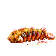 Charcoal-grilled lobster tail with saffron butter glaze and chili threads, steam rising effect, isolated on white background