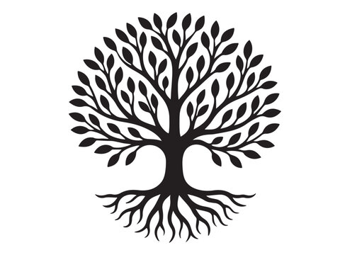 Tree of life logo silhouette vector, tree life logo icon silhouette, round tree of life with roots and branches vector, simple black tree of life silhouette logo vector on a white background.