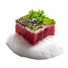 Charcoal-torched tuna sashimi square with wasabi snow and soy foam bubble, high-detail seafood cuisine, isolated on white background