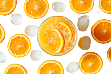 Orange juice drink with ice cubes and orange slices isolated on transparent PNG