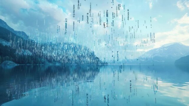 Digital Rain Over Tranquil Waters: A stunning digital representation of data cascades over a serene lake, reflecting a seamless blend of technology and the natural world.