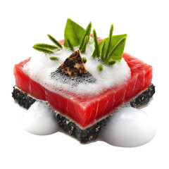 Charcoal-torched tuna sashimi square with wasabi snow and soy foam bubble, high-detail seafood cuisine, isolated on white background