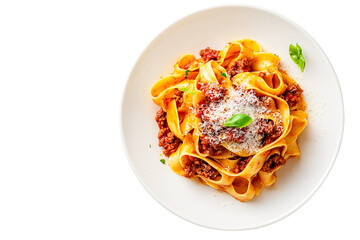 Delicious pasta with bolognese sauce and parmesan cheese isolated on transparent PNG