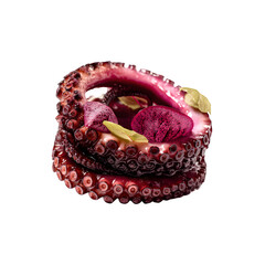 Charred octopus ring layered with beetroot foam and fig reduction spiral, plated in fine dining presentation, isolated on white background