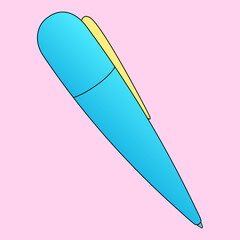 Blue ballpoint pen with yellow clip on pink background. Cartoon style school or office stationery illustration. For back to school concept, education visual, educational theme, and classroom decor.