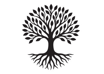 Tree of life logo silhouette vector, tree life logo icon silhouette, round tree of life with roots and branches vector, simple black tree of life silhouette logo vector on a white background.