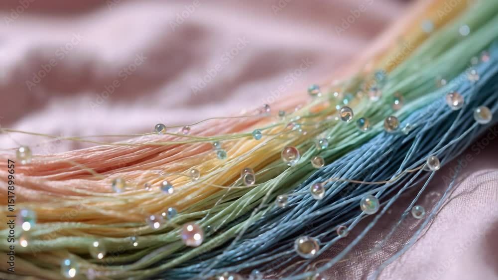 Poster shimmering crystal beads delicately strung along a vibrant array of rainbow colored silk threads, cr