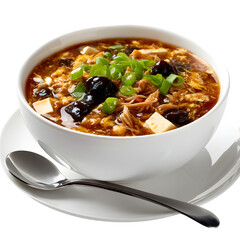 Chinese hot and sour soup with shredded pork, tofu, black fungus, garnished with green onions, isolated on white
