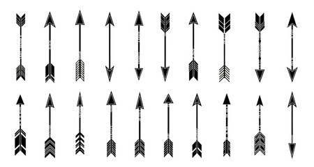 Collection of Rustic Arrow Designs in Black and White | Tribal Arrow Vector Graphic Set for Logo Design, Tattoo Art, and Decorative Elements