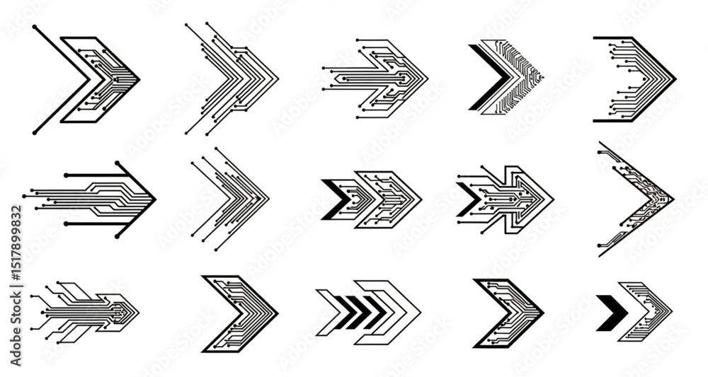 Poster abstract tech arrows set | technological vector directional icons for navigation, web design, and ui