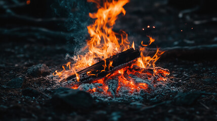 Glowing campfire at dusk in wilderness setting with warm light illuminating surroundings under starry night sky, atmospheric and cozy scene