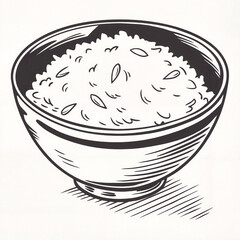 Hand-drawn rice bowl in black and white sketch style representing traditional Asian cuisine