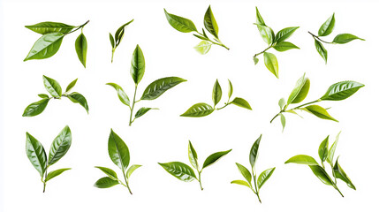 Fresh green tea leaves arranged in circular pattern on clean white background, minimalist botanical composition with natural overhead lighting