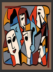 Colorful background, cubism art style,composition of abstract colorful faces on  brown background