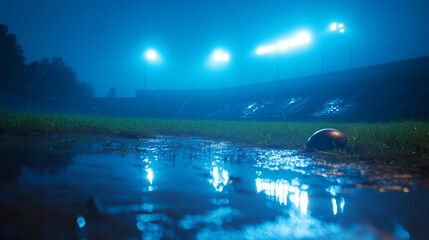 Empty football field at night with dramatic stadium lighting, wet grass reflecting light, wide-angle ground view in atmospheric blue tones