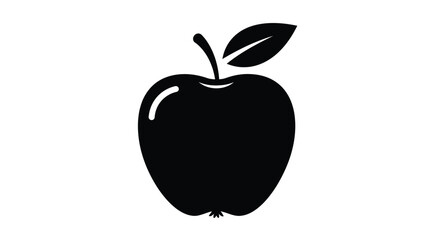 Simple Black Apple Silhouette with Leaf on a White Background