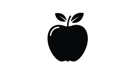 Simple Black Apple Silhouette with Two Leaves on a White Background