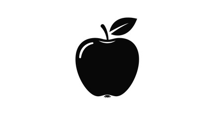 Simple Black Apple Silhouette with Leaf on White Background