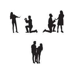 Young woman rejecting a marriage proposal silhouette. A young handsome man is making a proposal of marriage, but the young woman is refusing him silhouette set White Background
