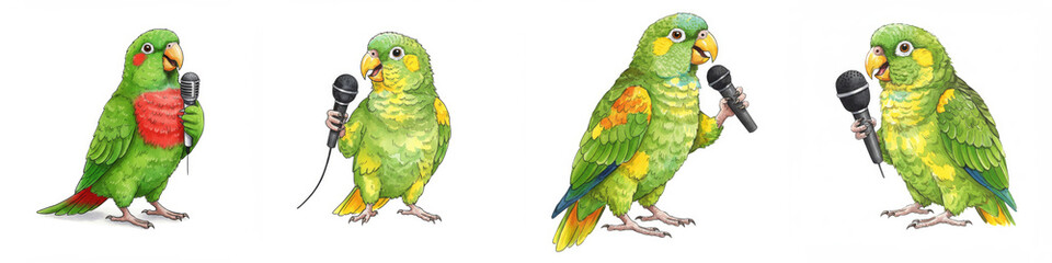 Obraz premium Watercolor Parrot Karaoke Stars: Feathered Friends Singing Their Hearts Out - Four parrots, vibrant and cheerful, hold microphones, ready to belt out a tune. Symbolizing joy, music, talent