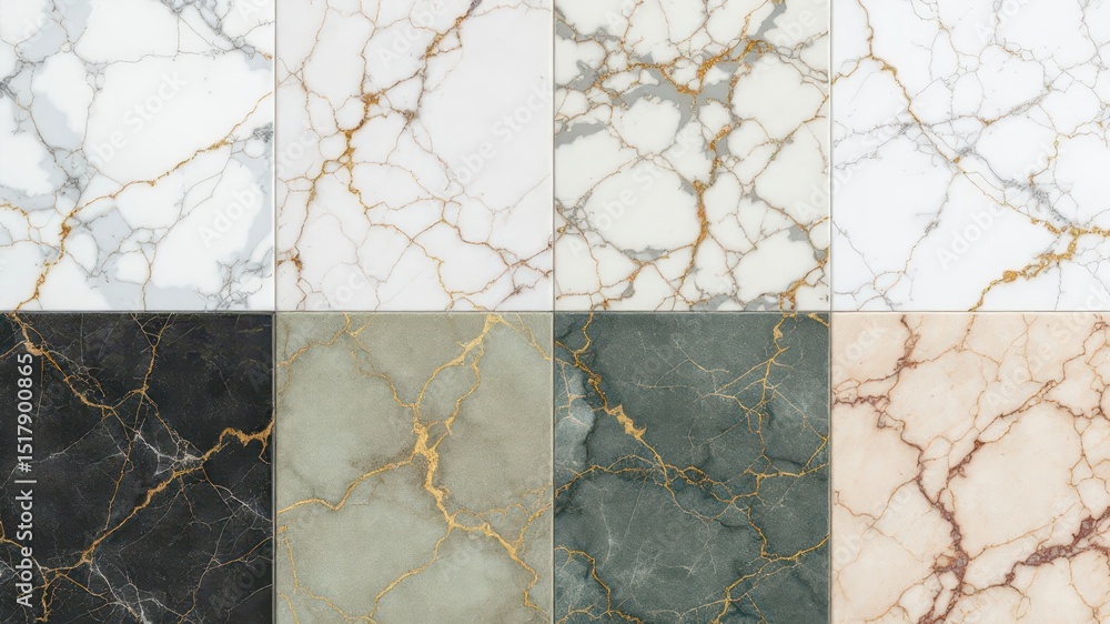 Poster marbled elegance: an array of marble tiles featuring intricate patterns and luxurious textures, pres