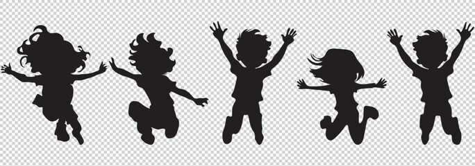 Children kids silhouette set, vector silhouette of children. jumping and playing happy children transparent background EPS 10