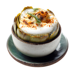 Clam-stuffed artichoke cup with burnt lemon foam and paprika dusting, rustic-meets-modern dish, isolated on white background