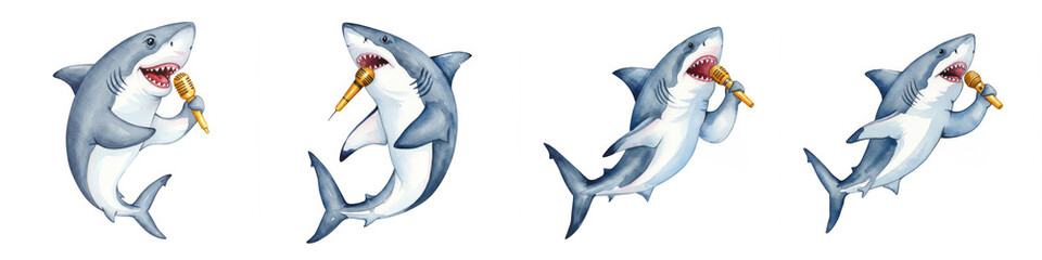 Naklejka premium Watercolor Shark Karaoke Night - Four sharks singing karaoke, fun, musical, aquatic, entertainment. Symbolizing joy, music, ocean life, performance, and unique talent