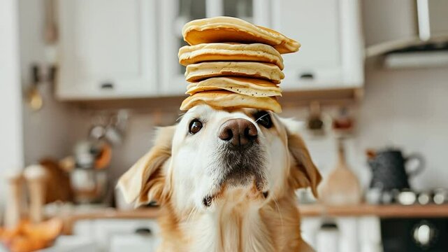 Dog with stack of pancakes on head in kitchen setting