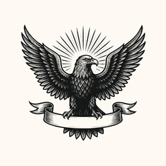 Obraz premium Vintage Bald Eagle Heraldic Emblem Vector – Hand-Drawn Patriotic Bird with Banner and Sunburst
