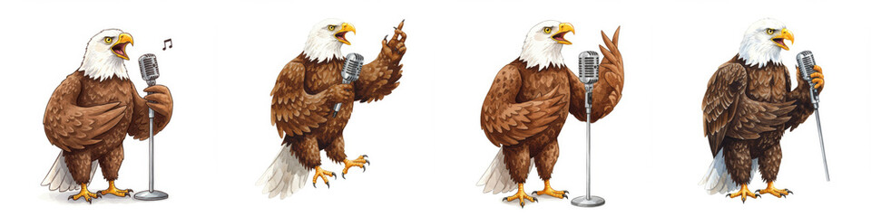 Obraz premium Watercolor American Eagle Karaoke Star - A patriotic bald eagle enjoys karaoke, symbolizing freedom, expression, entertainment, national pride