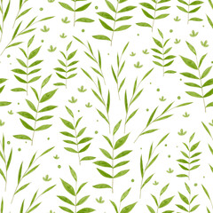 Summer greenery. Seamless pattern of green twigs on a white background.