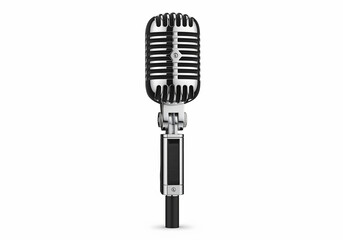 PNG cut out isolated background. A vintage-style dynamic microphone with a polished chrome grille and black accents, mounted on a stand.