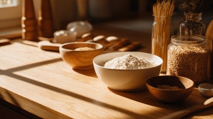 A serene kitchen scene showcasing various grains and flour in wooden bowls, sunlight streaming in