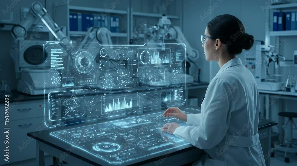 Aufkleber futuristic scientist interacts with holographic data display in a modern lab