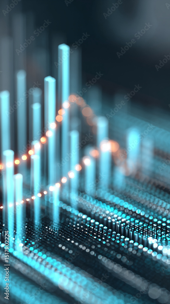 Poster abstract 3d rendering of glowing blue and orange data bars, creating a dynamic graph visualization, 