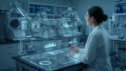 Futuristic scientist interacts with holographic data display in a modern lab - Powered by Adobe