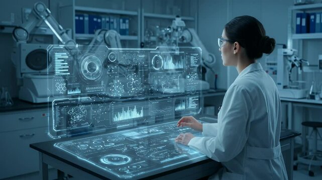 Futuristic scientist interacts with holographic data display in a modern lab