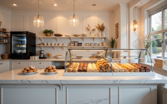 Elegant bakery display with assorted pastries and a cozy ambiance.