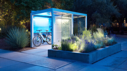Modern modular e-bike charging station illuminated with blue lights at night, featuring solar panels and surrounded by native landscape planting. ai generative