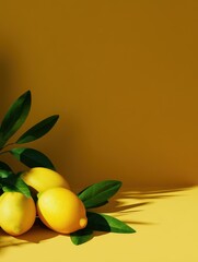 Fresh lemons with green leaves arranged on a vibrant yellow background, creating a sunny ambiance