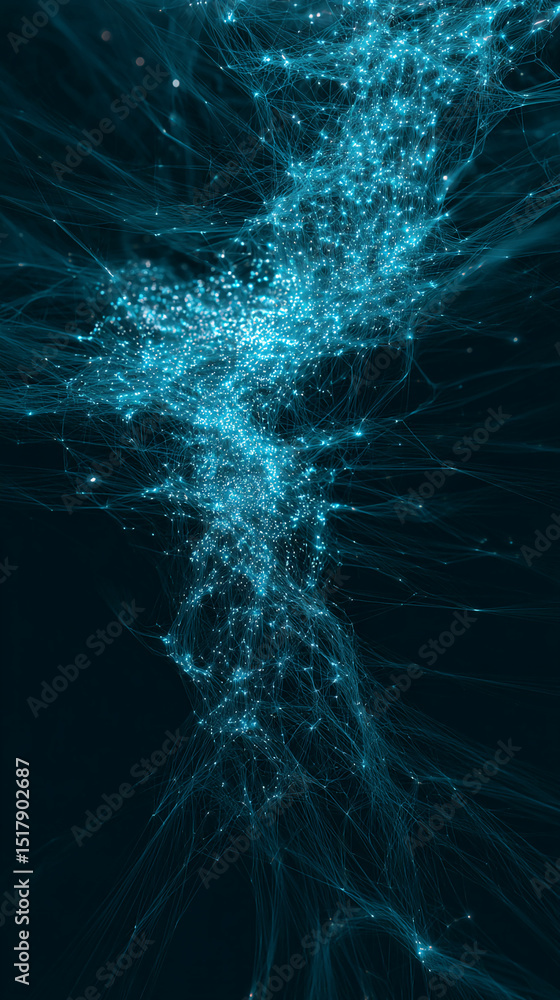 Poster abstract teal network, glowing nodes and lines, dark background, suggesting connection, technology, 