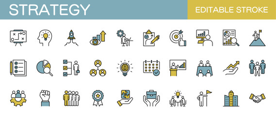 Strategy line icons set. Marketing, business, management and project. Editable stroke. Colored vector illustration