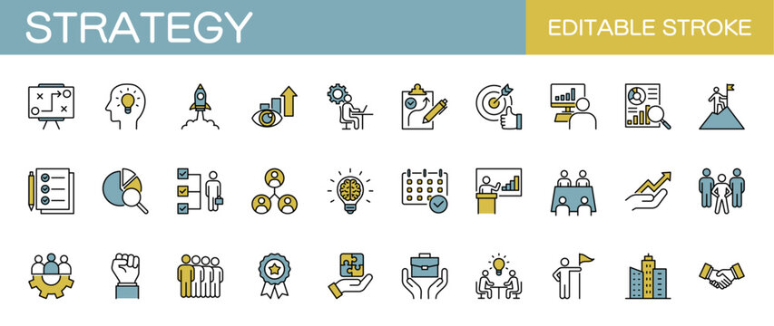 Strategy line icons set. Marketing, business, management and project. Editable stroke. Colored vector illustration