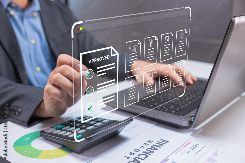 Poster a person interacts with a transparent digital interface displaying approved financial documents besi