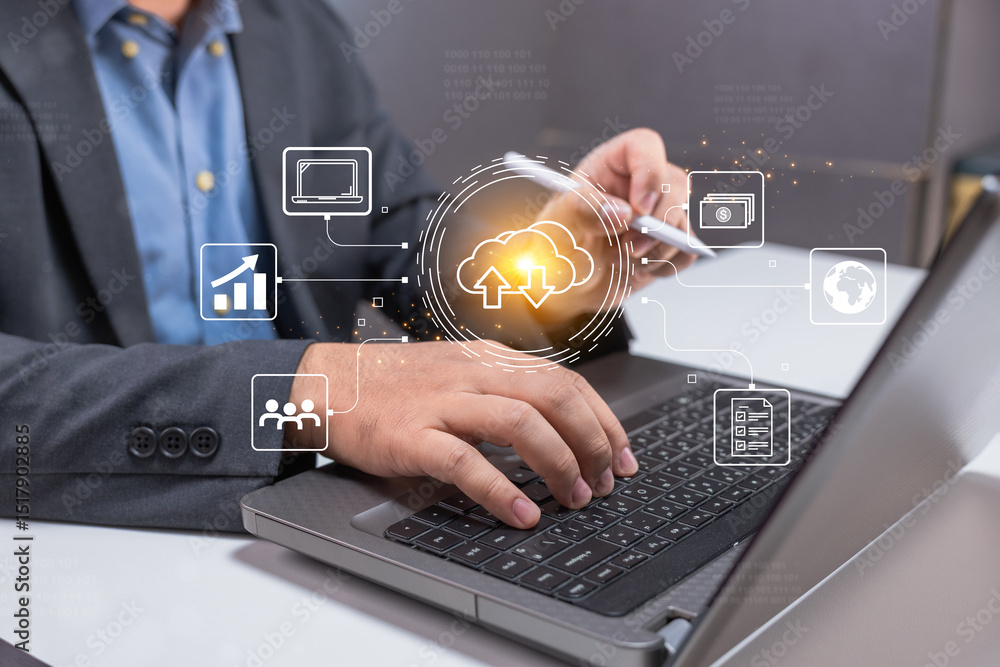 Aufkleber a businessman uses a laptop with cloud computing and digital data icons overlayed, representing mode