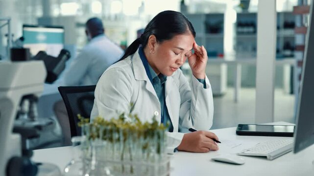 Research, science and woman with computer, headache and stress with deadline, botanist or email. Person, medical and agronomist in laboratory, pc and migraine with analytics results, pain and burnout