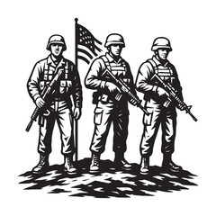 American Soldiers Standing with Flag – Patriotic Military Vector Illustration