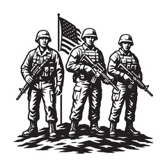 American Soldiers Standing with Flag – Patriotic Military Vector Illustration