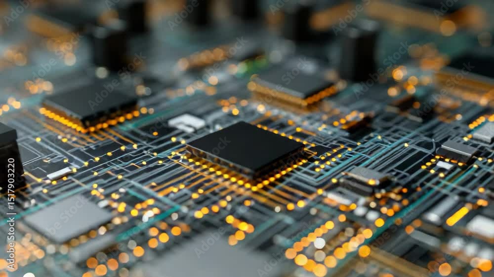 Aufkleber close up view of a semiconductor chip rotating on a complex electronic circuit board, highlighting t